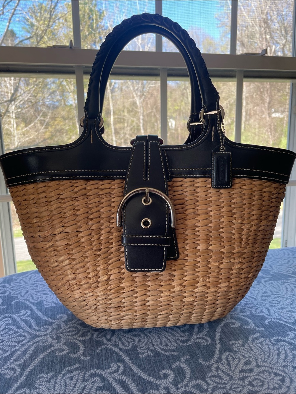 Coach Black Trim Natural Straw Tote with Silver Hardware